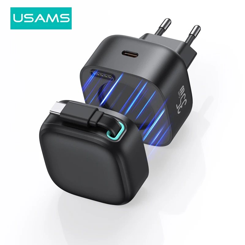 USAMS USB GaN Charger 35W Type C PD Fast Phone Charger Built in Quick Charge Cable EU Plug for iPhone 15  Pro Max Xiaomi Samsung