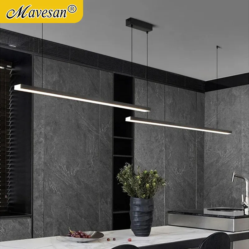 

Italian minimalist long strip LED pendant light lines dining table creative office restaurant bar office modern chandelier black
