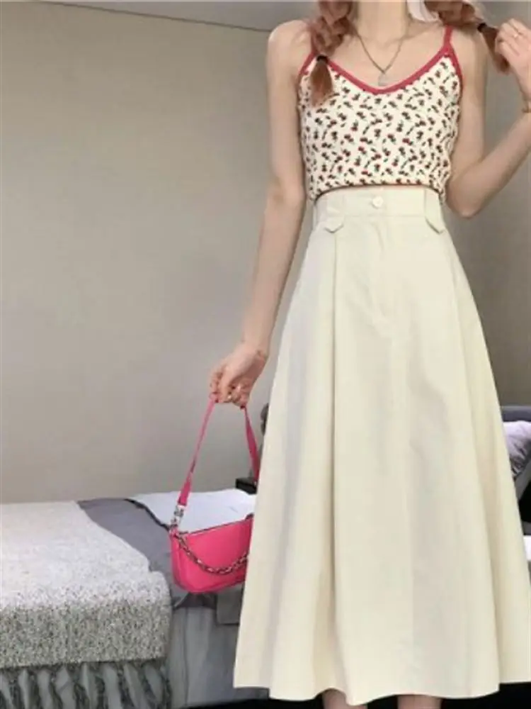 

Юбка-миди трапециевидной формы с высокой талией, женская эластичная талия, дизайн Sensation, маленькая летняя новая юбка Sle Sweet f Body