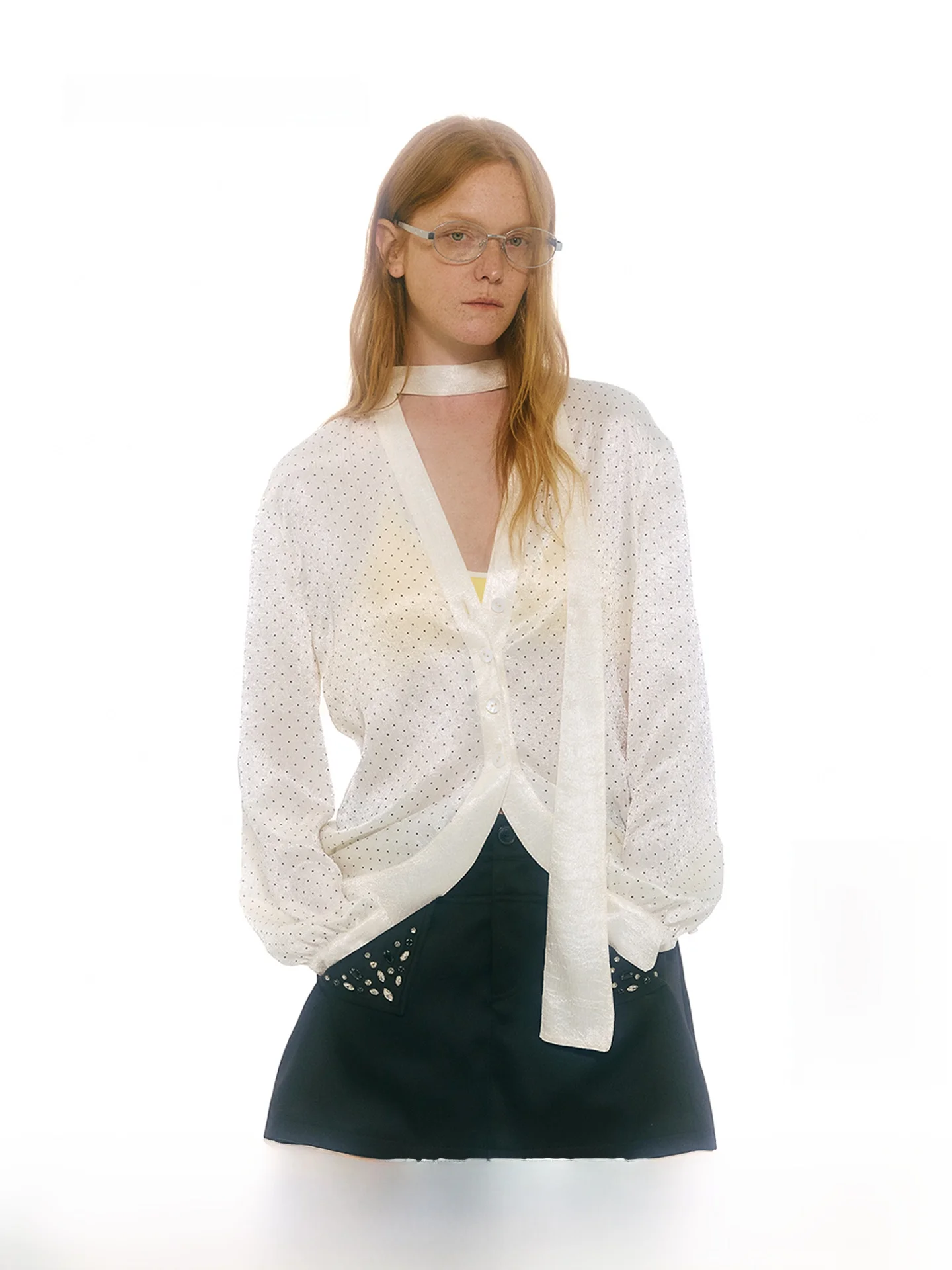 

FAE Lady V-Neck Polka Dot Silk Scarf Long Sleeve Shirt Lightweight Spring Casual Loose Fit Cool Sensation Skin-Friendly