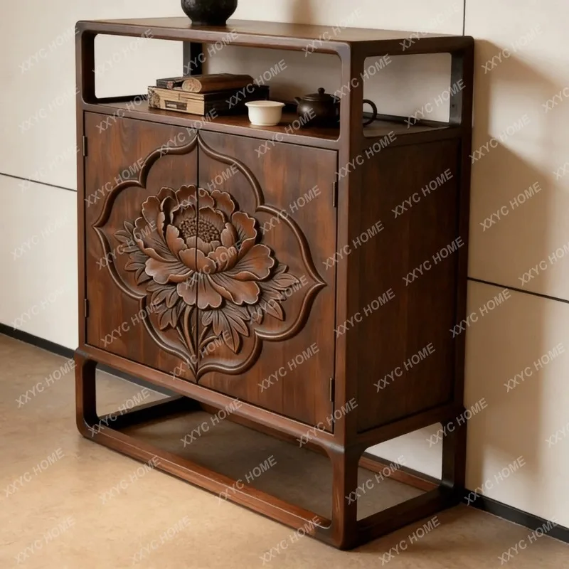 XX 2026 New Chinese Carved Black Walnut Solid Wood Sideboard Custom Entryway Storage Cabinet
