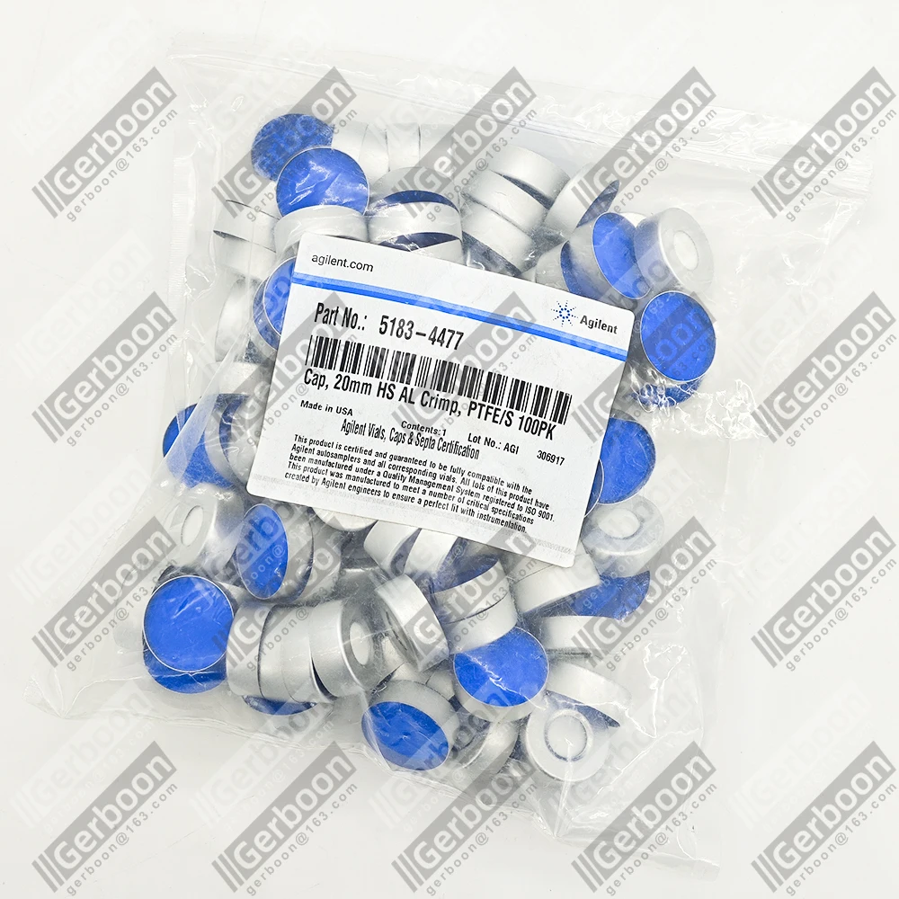 Agilent 5183-4477 Caps and Septa, crimp, headspace, aluminum, PTFE/silicone septa, Cap 20mm, 100/pk. Cap size: 20 mm