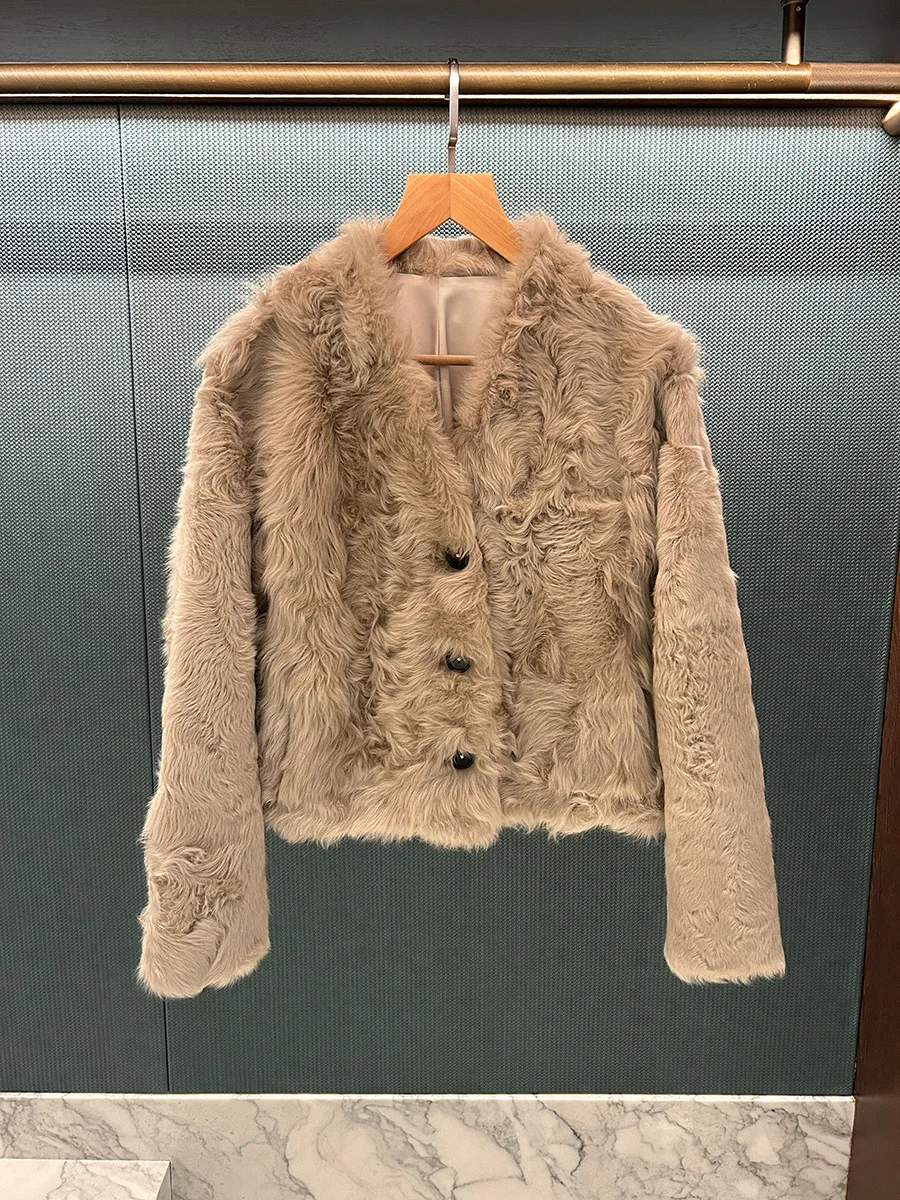 เสื้อโค้ทขนแกะแบบดิบ ทรงหยัก พร้อมซับในขนสัตว์ในตัว เสื้อแจ็คเก็ตขนแกะสำหรับผู้หญิงแบบสั้นสำหรับฤดูหนาว