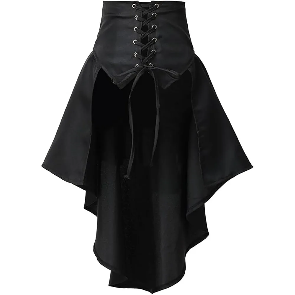IOOTIANY Damen Steampunk-Rock, Gothic, mittelalterliches Kleid mit unregelmäßigen Rüschen, Renaissance-Cosplay, Piratenrock mit Schnürung, Bühnenkostüm. – Detail 3