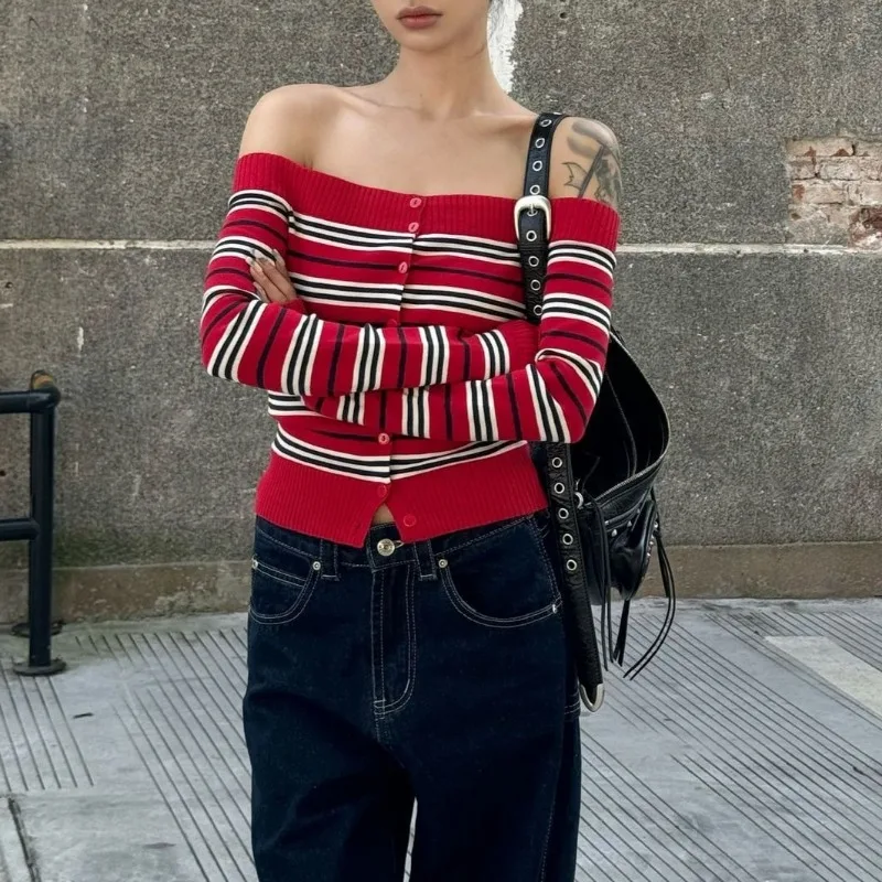 

Women's Off Shoulder Knit Top Crop T-shirt Sexy Knitwear Korean Style 2025 New Red Striped Knitwear Long Sleeve Open Shoulder