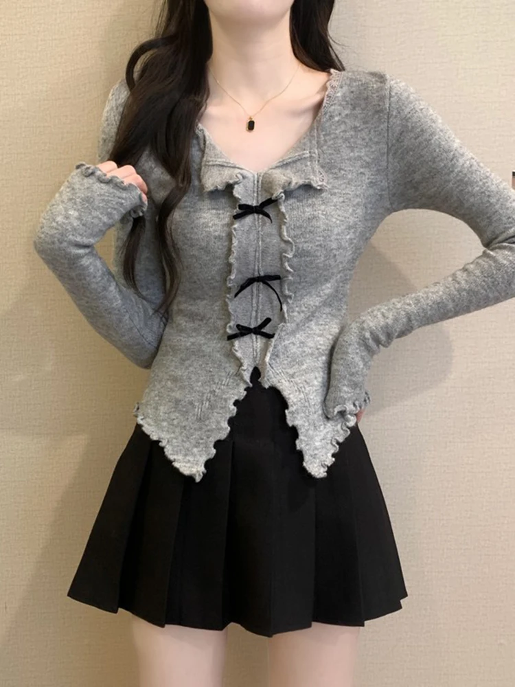 Women's Knitted Wool V Neck Base Shirt Fashionable Autumn Winter New Style Sweater Solid Color Full Sleeve Top Female Trendy M6