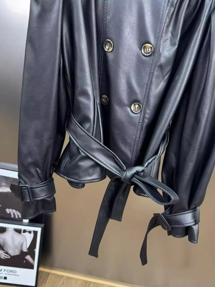 VGH Sashes Decorative Slimming Coat for Women Stand Collar Long Sleeve Spliced Double Breasted PU Leather Jacket Female Autumn - Image 6