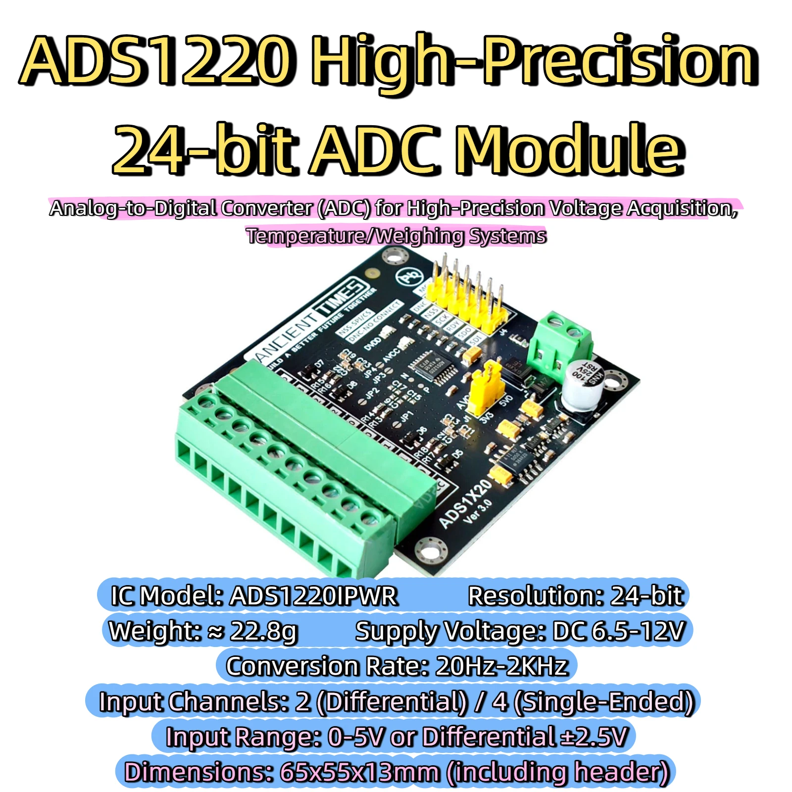 Módulo ADS1220, ADS1220IPWR, módulo de conversión analógico-digital de alta precisión ADC de 24 bits, adaptado para Arduino