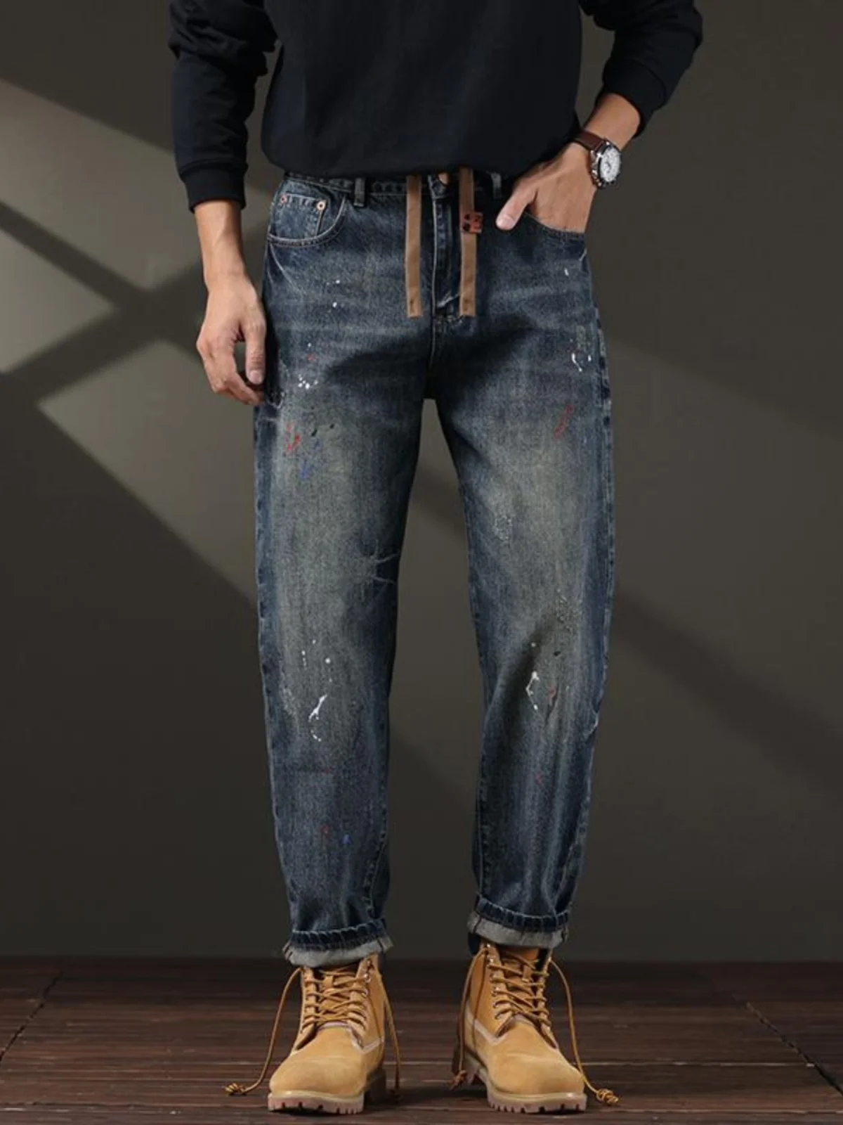 

American High Street Sle Distred Dstring Denim Jeans Men's Casual Loose Straight Leg Pants Youth Leisure Long Trousers