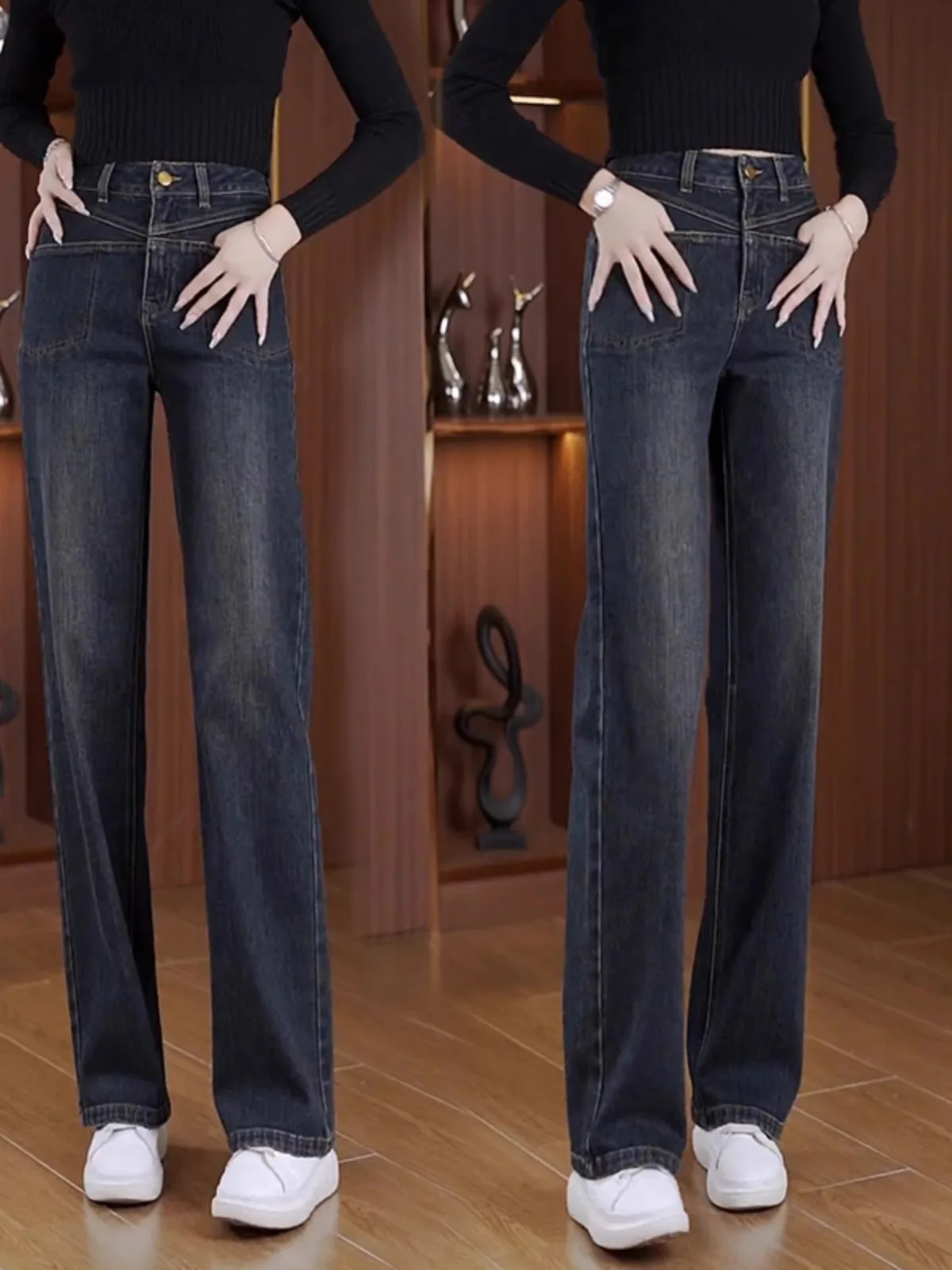

Slim Wide Leg Denim Jeans High Waist Fashionable Women's Autumn Straight Cut Casual Stylish Retro Cotton Stretch Denim