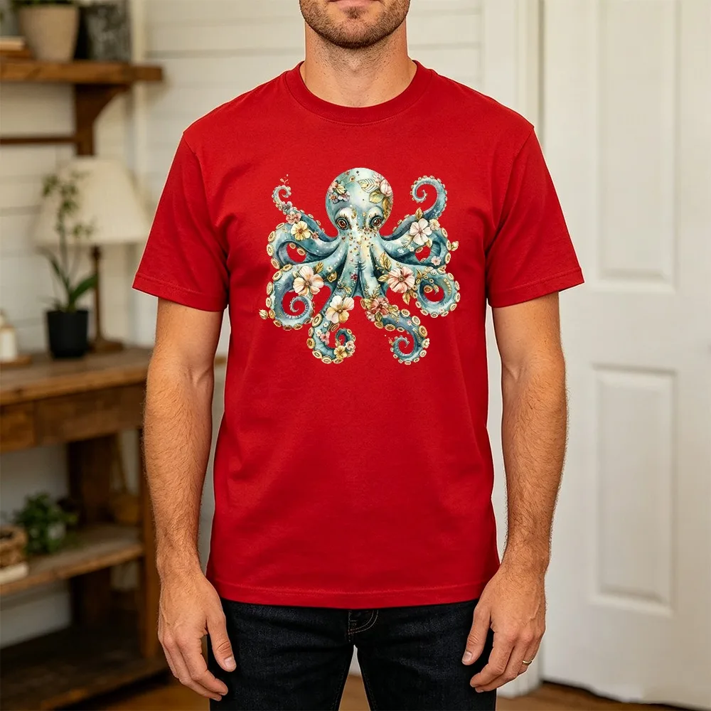Floral Patterned Blue Octopus Men T Shirt Summer Ocean Marine Life Tee Exotic Sea Creature Nature Art Streetwear Tees