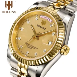 Holuns-reloj analógico de acero inoxidable para hombre, accesorio de pulsera de cuarzo resistente al agua con movimiento japonés MIYOTA, complemento masculino de marca de lujo con diseño clásico dorado de 36/41mm