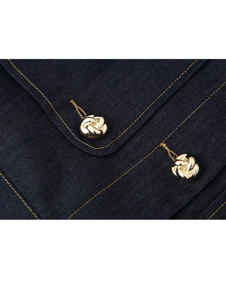 HH Cappotto a maniche lunghe con risvolto e tasche monopetto moda donna + set da 2 pezzi in denim solido con cerniera sottile in vita elastica estiva