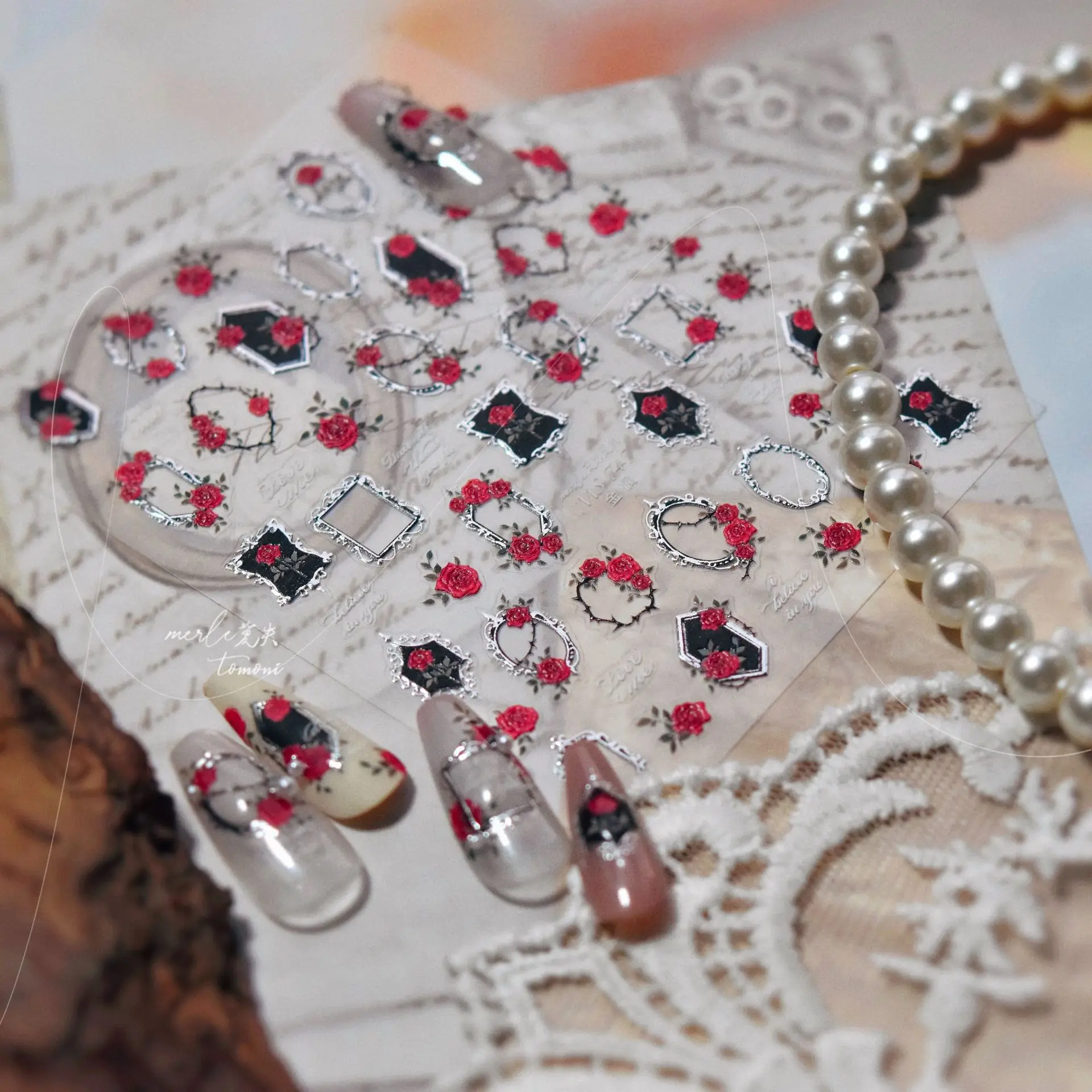 5D Gothic Red Rose Dark Hollow Out Photo Frame Personal Totem Self Adhesive Nail Art Sticker Romantic Rhinestone Manicure Decal