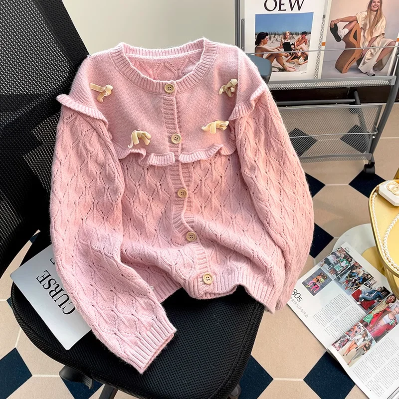 

Sweater Cardigan Bow Ruffled Hollow Solid Color Fashion Autumn Loose Cardigan 2024 New College Style Versatile Sweater Cardigan