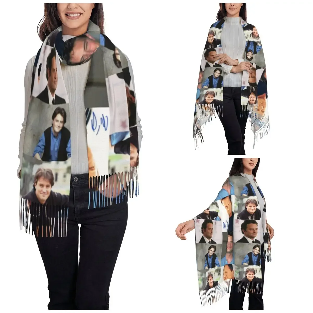 Matthew Perry Collage Scarf for Women Winter Fall Cashmere Shawl Wrap Friends Large Scarves with Tassel for Evening Dress