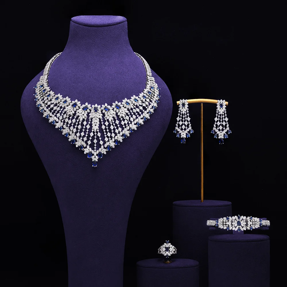 4Pcs Zircon Teardrop Blue CZ Bridal Jewelry Set Necklace Earrings Bracelet Ring Women Formal Evening Accessory Christmas Gift