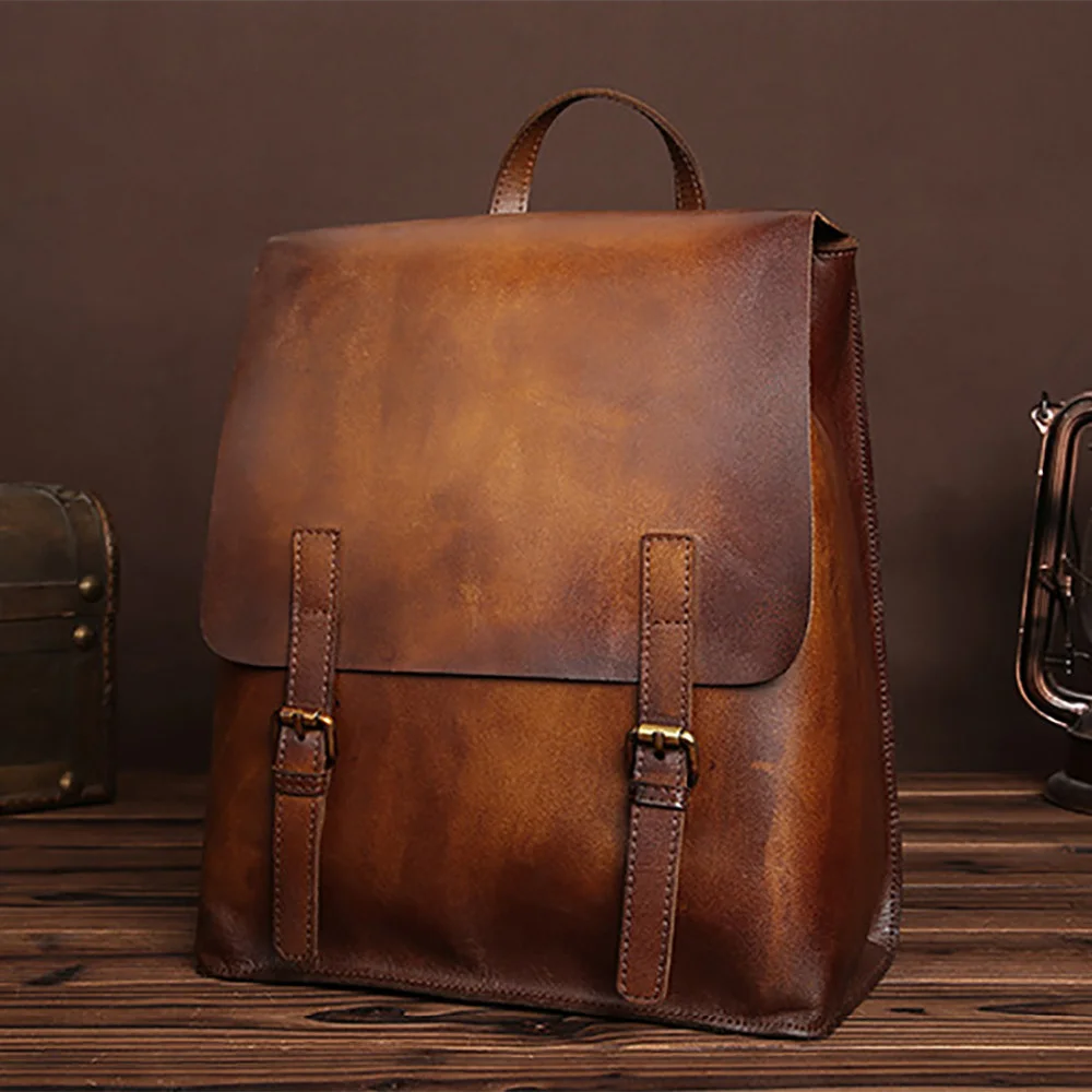 High Quality First Layer Cowhide Men Backpack Vintage Casual Daypack Male Travel Genuine Leather Knapsack School Rucksack