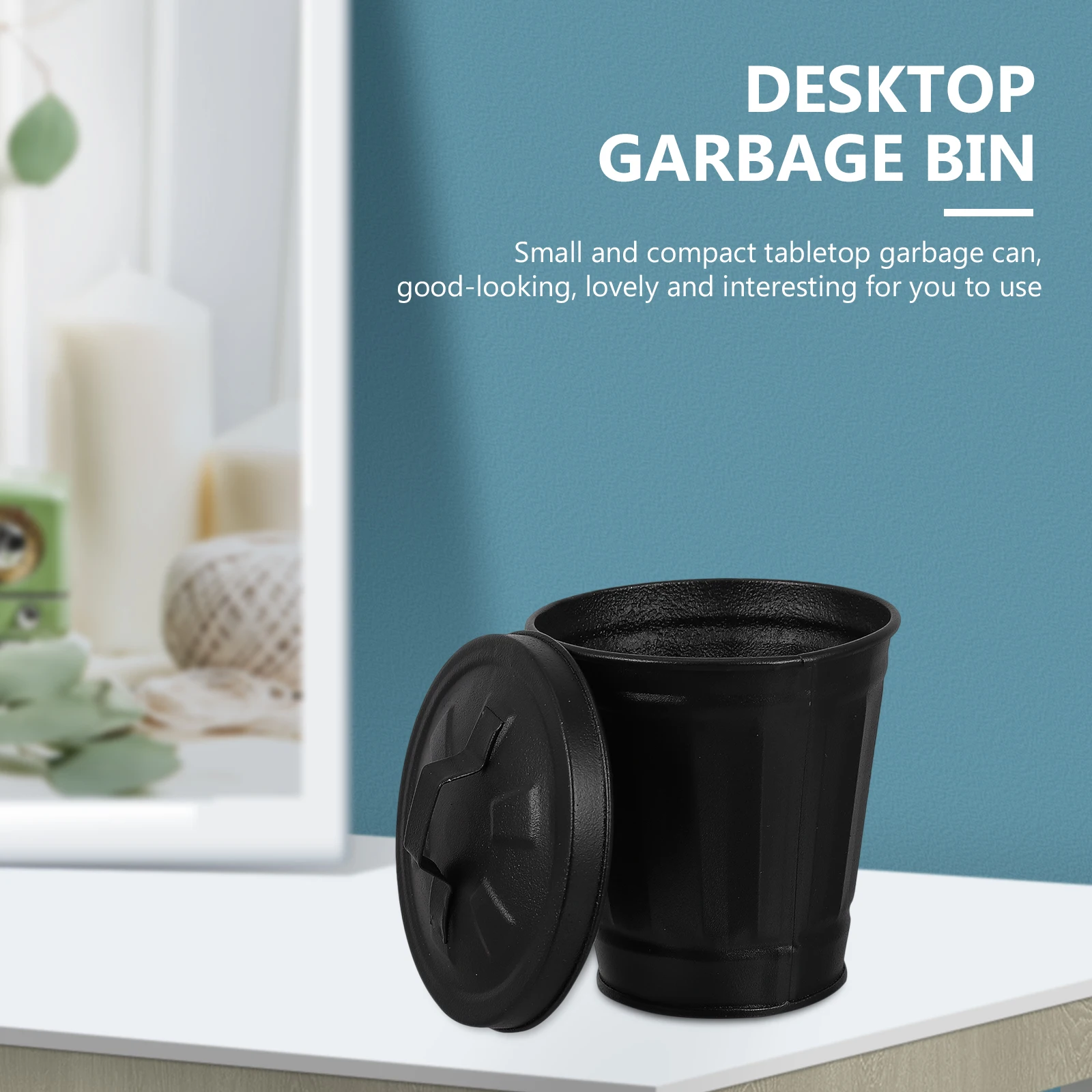 Can Trash Garbage Office Trash Can Mini Waste Lid Desktop Desk Metal Black Basket Creative Covered Living Room Trash Can