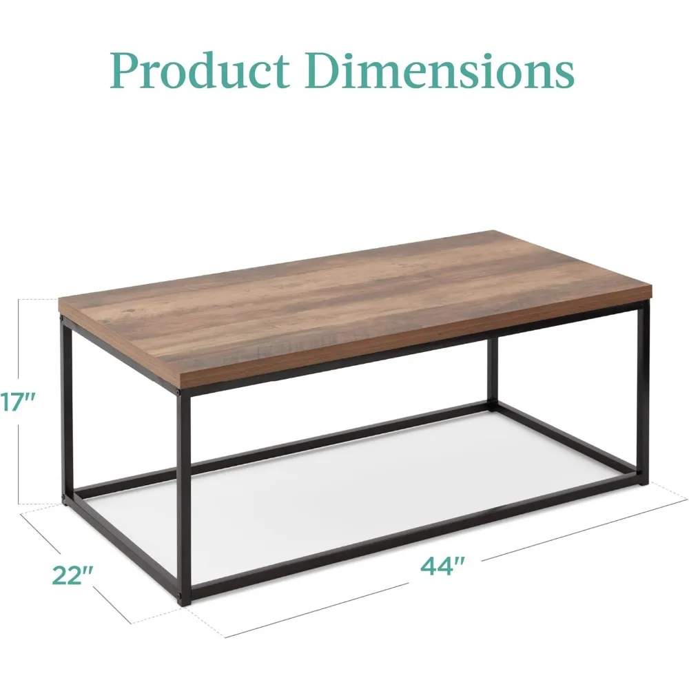 44in Modern Industrial Style Rectangular Wood Grain Top Coffee Table, Rustic Accent Furniture for Living Room w/Metal Frame