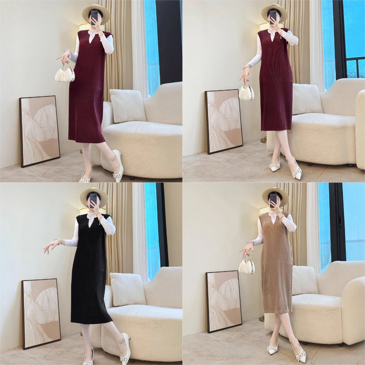 

Miyake Fold 2025 New Tank Top Skirt Mid To Long Autumn Thickened V-neck High End Straight Tube Skirt Loose and Simple Dress