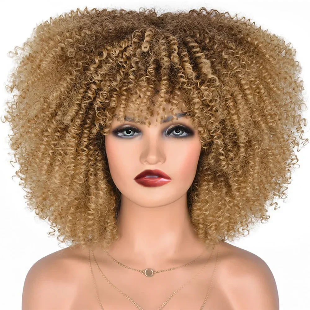 

Short Hair Blonde Wigs Afro Kinky Curly Wig with Bangs for Black Women Cosplay Lolita Synthetic Natural Brown Mixed