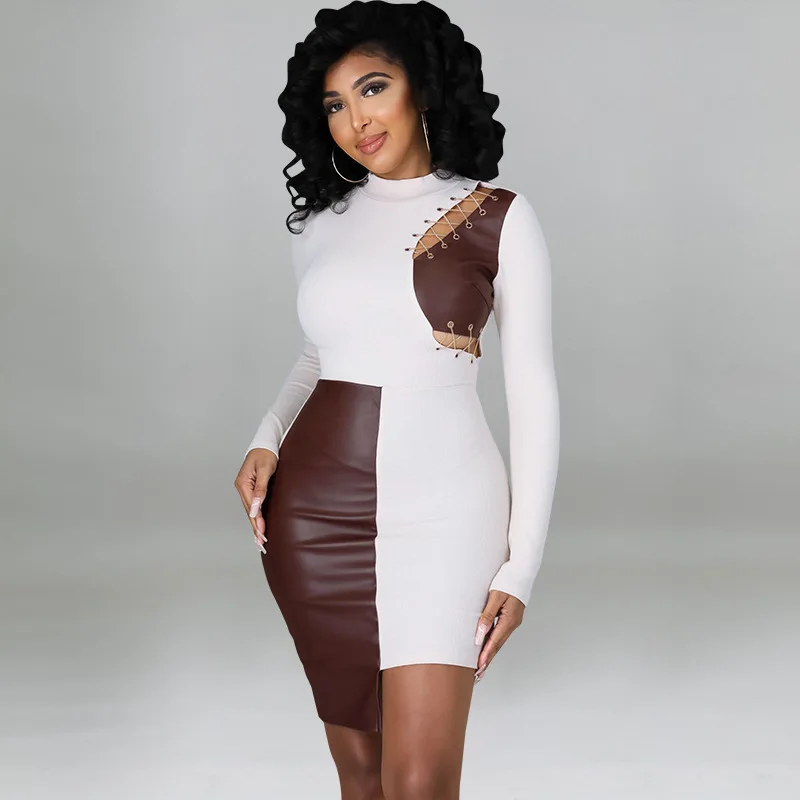 21871 Damenbekleidung 2025, Herbst, langärmelig, Schlagen, Pu-Hörner, Tragen von Kupferketten, Kleid, Party, Sommer, Elegantes, lässig, Y2k