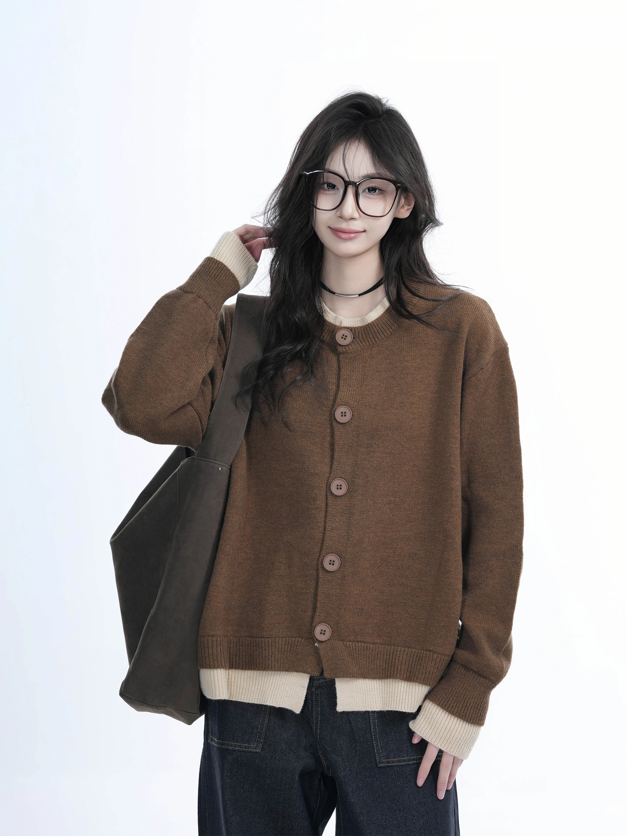 

Женский вязаный кардиган Lazy Sle коричневого цвета, свободный, имитация двухслойности, удобный, винтажный, ретро, с длинными рукавами