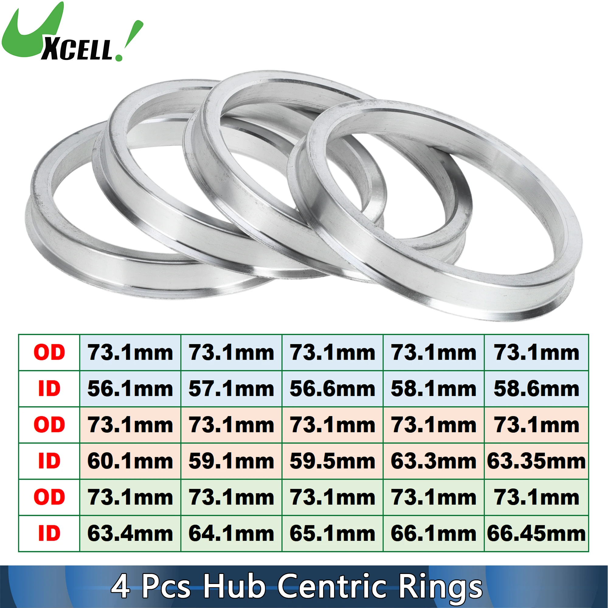 UXCELL 4pcs OD 73.1mm to ID 56.1/57.1/58.1/58.6/59.1/59.5/63.3/66.1/66.45mm Hub Centric Rings Wheel Hubrings Aluminum Alloy