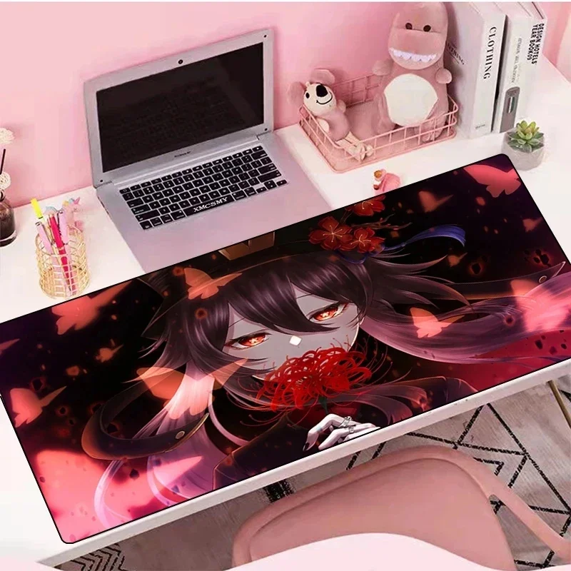 Genshin Impact Hu Tao Anime Mouse Pad لوحة ماوس كبيرة للألعاب حصيرة مطاطية Deskmat ملحقات الكمبيوتر حامي المكتب منصات لوحة المفاتيح الألعاب