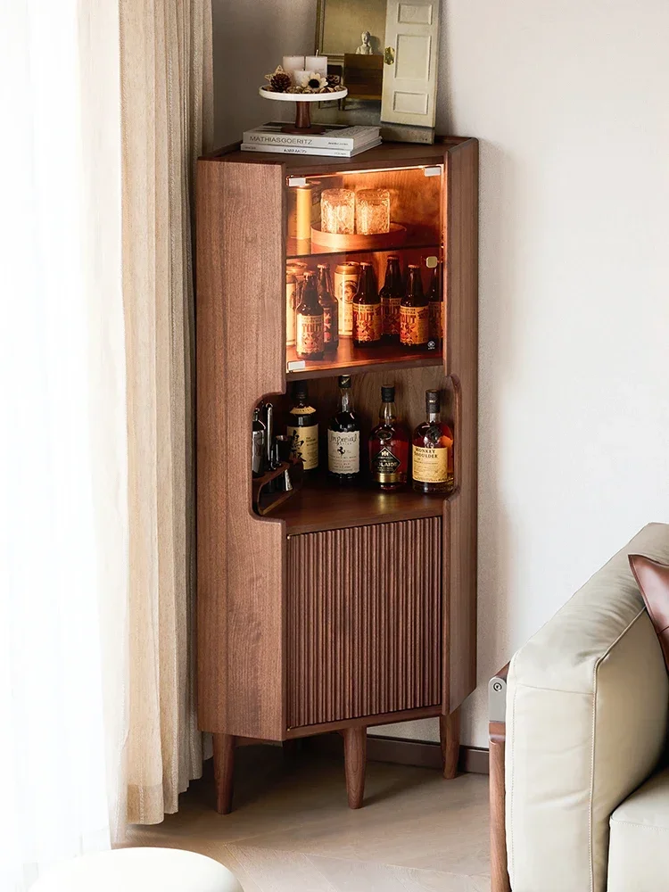 North America Black Walnut Corner Wine Cabinet Living Room Corner Cabinet Modern Minimalist Solid Wood Triangle Cabinet