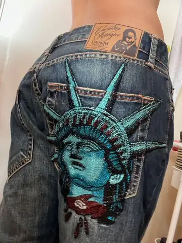 Y2k 2000s Statue of liberty Diamonds Jeans Casual Denim Pants High Waist Straight Wide Leg Jeans Harajuku Vintage Women Clothing