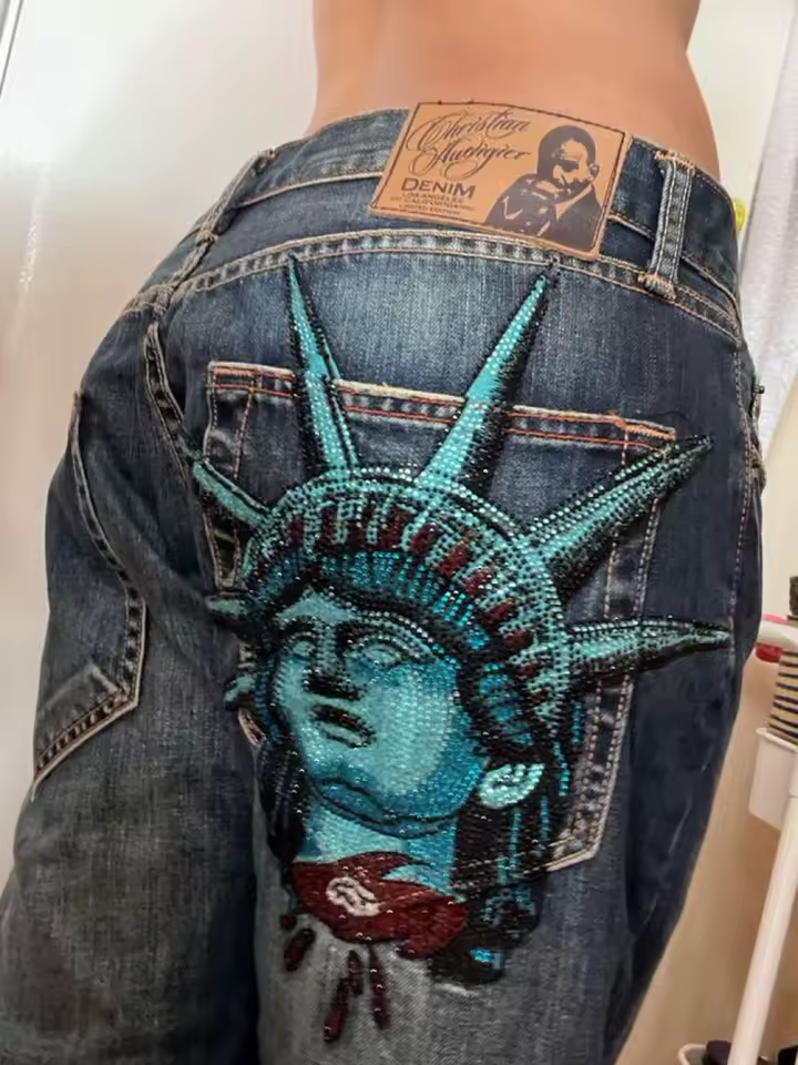 Y2k 2000s Statue of liberty Diamonds Jeans Casual Denim Pants High Waist Straight Wide Leg Jeans Harajuku Vintage Women Clothing - AliExpress 