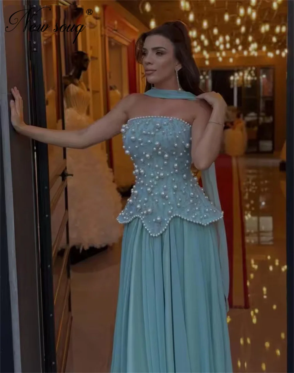 فساتين سهرة عربية باللون الأزرق السماوي أنيقة بدون حمالات لؤلؤ للحفلات الراقصة من Vestidos De Noche مخصصة طويلة للنساء لحفلات الزفاف