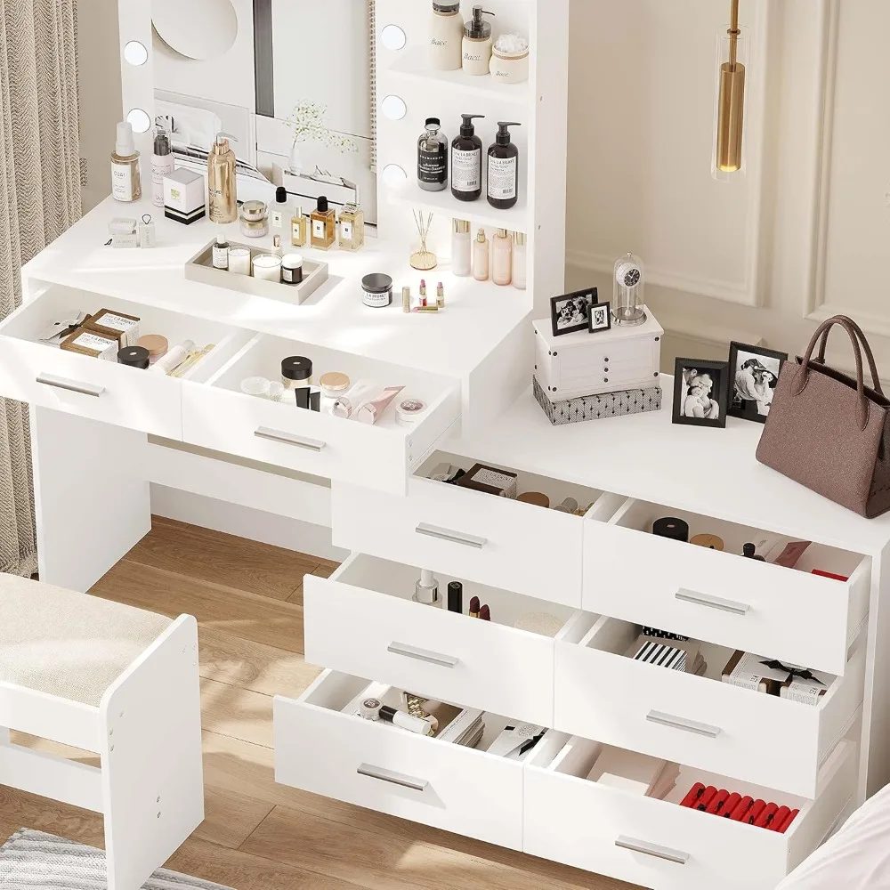 مجموعة مكياج كبيرة الحجم مع مرآة مضاءة بثلاثة ألوان، وطاولة ذات 8 أدراج ورف تخزين جانبي، وطاولة زينة كبيرة قابلة للتعديل #2