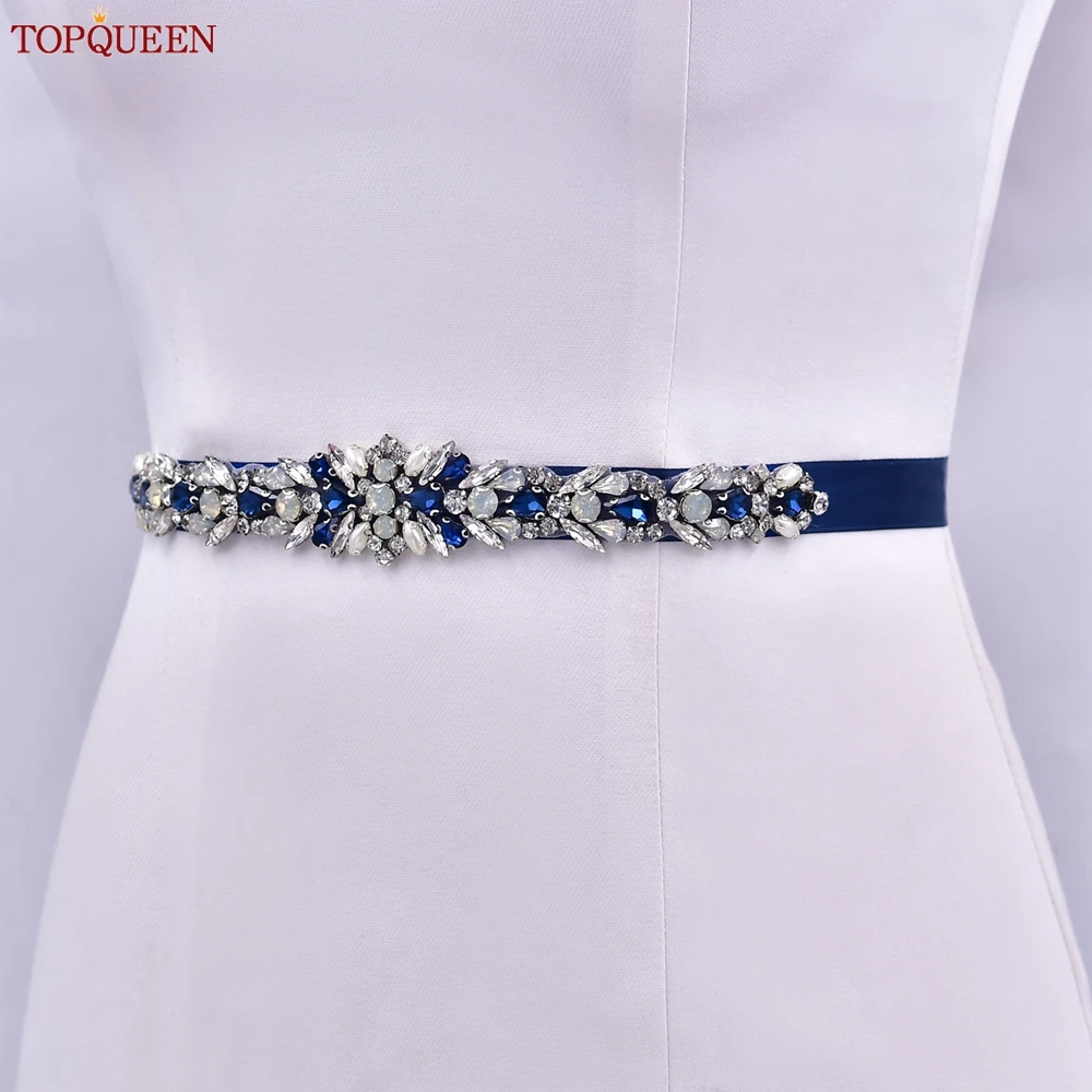 TOPQUEEN-faja para vestido de novia, joyería azul con diamantes de imitación, apliques, cinta nupcial, cinturón, accesorios para vestido de noche, S57-ML