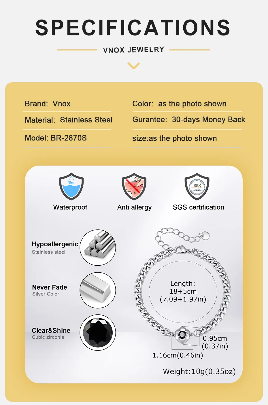 Vnox Herren-Schmuckset aus Edelstahl, Hexagon-Halskette mit schwarzem Zirkon und Armband mit Panzerkette, Punk-Hip-Hop-Männer-Accessoire, Geschenk – Detail 4