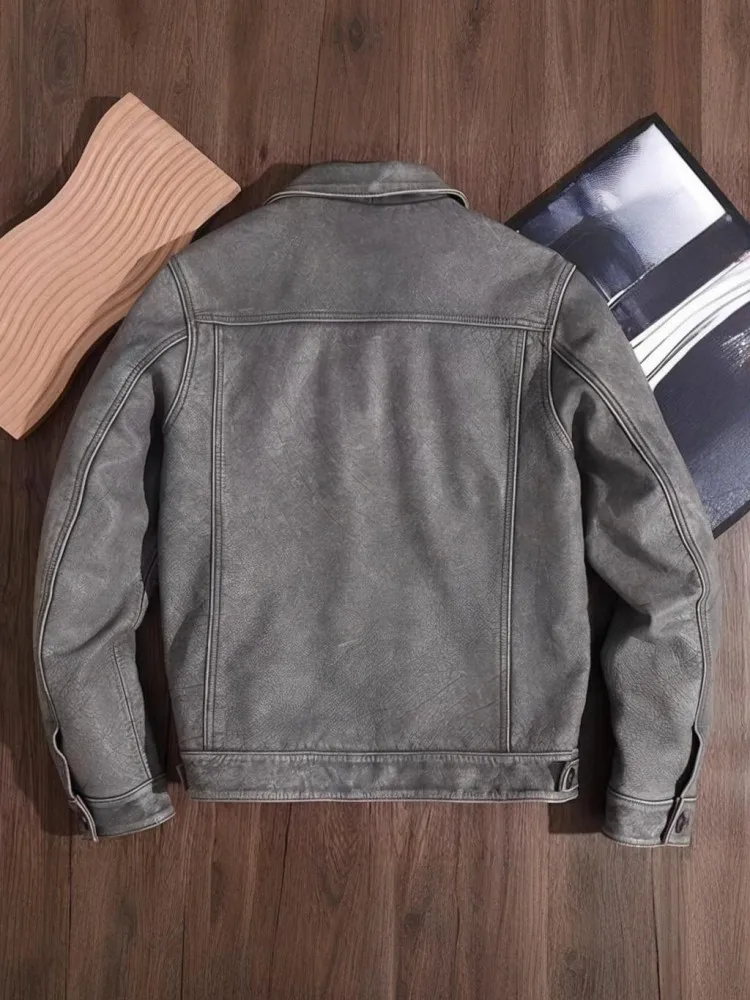 Retro Lapel Solid Color Genuine Leather Jacket Youth Men Slim Long Sleeves Single Breasted Pocket Fashion Short Outerwear