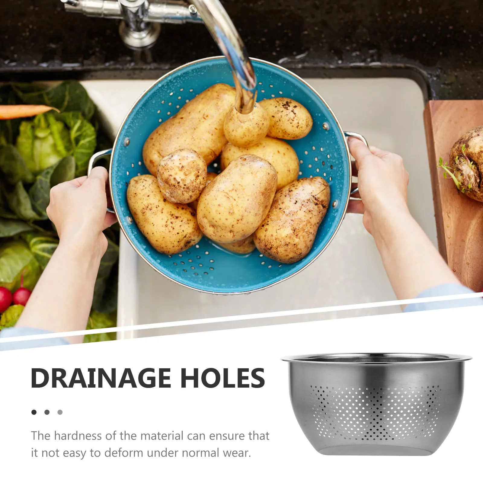 1Pcs Stainless Steel Drain Basket with Inclined Skew Bottom for Rice Washing Soaking Draining Fast Drainage Smooth Curl Handle