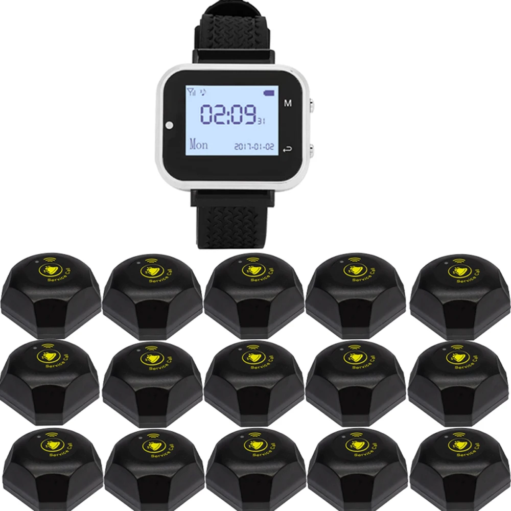 

Беспроводная система вызова JINGLE BELLS: 1 приемник для часов, 15 кнопок для стола, пейджер для ресторана, официанта, для использования в заводах, больницах, барах, кафе