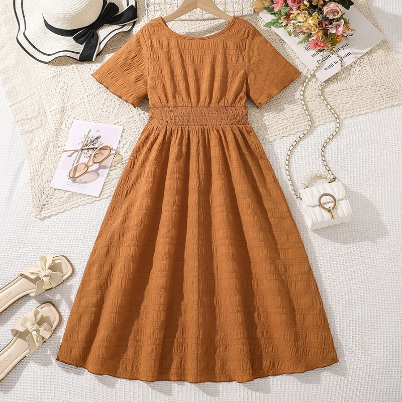 2024 New Arrival Girls Short Sleeve V Neck Brown Loose Roupa Infantil Menina Cute Party Dress Custume 8-12T