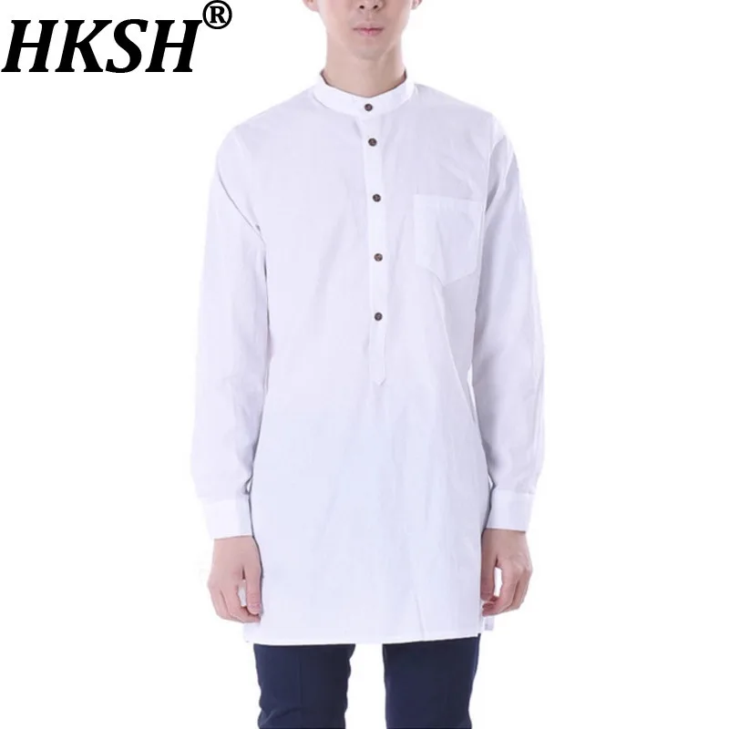 

HKSH Spring Summer New Men's Tide Round Neck Pullover Shirt China-Chic Stand Collar Pullover Shirts Chic Ins Elegant Top HK11118