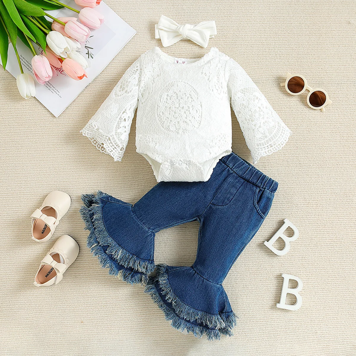 Baby Girls 2Pcs Pants Suit Long Sleeve Round Neck Lace Romper Tops Denim Bell-Bottoms Headband