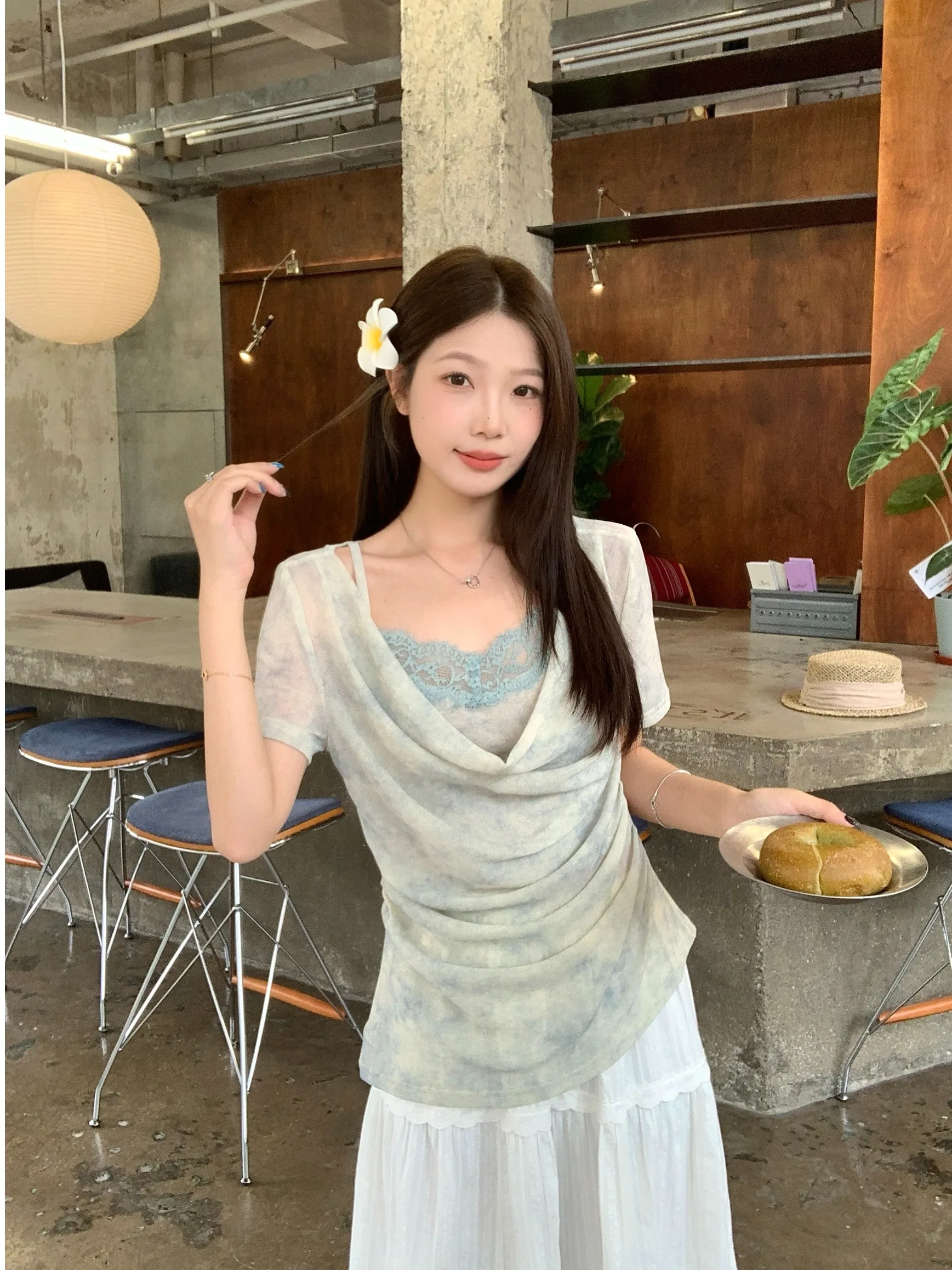 

Sweet Style plus Size Women's T-Shirt Short Sleeve Slim Fit High Waist Pleated Top Korean Style Commute Fashion Summer New