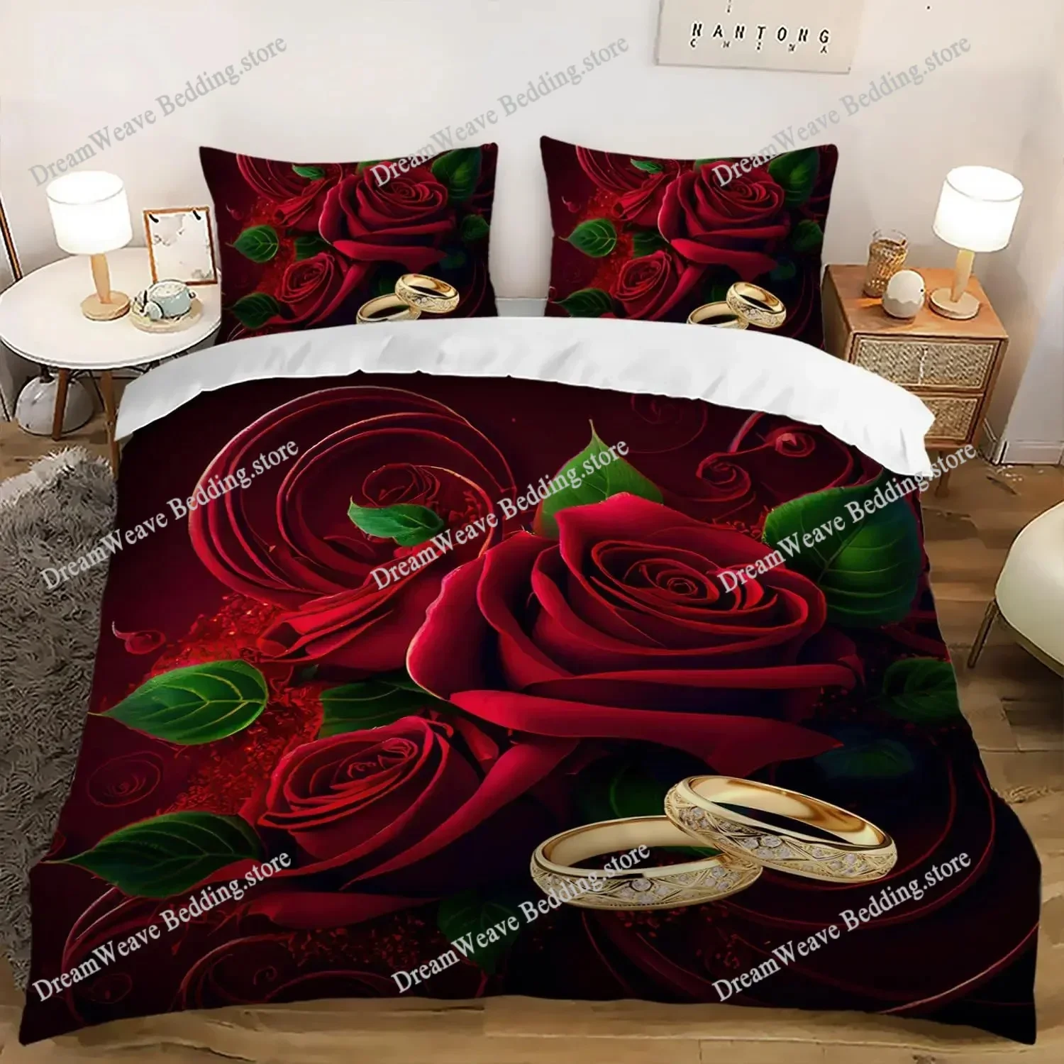 Red Rose Duvet Cover Set King Size, Red and White Comforter Cover Sets with Zipper Closure, Romantic Hearts Lover Bedding Set