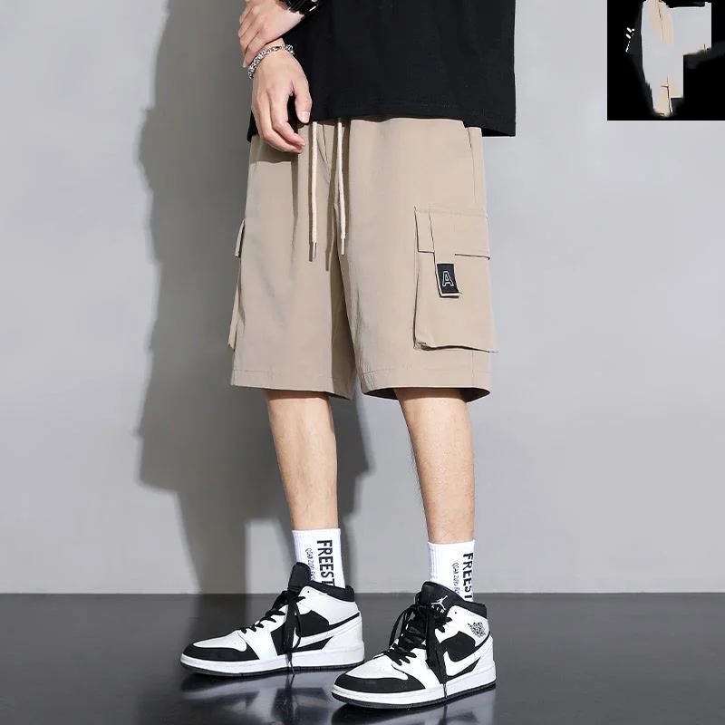 2024 Retro Work Shorts New Men's Elastic Drawstring Pockets Solid Color Fashion Thin and Versatile Ice Silk Casual Knee Pants