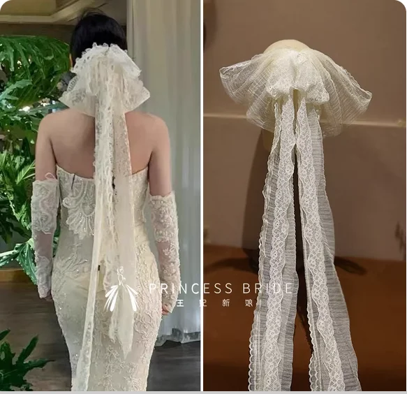 

New high-grade lace bow long ribbon bridal bridal bridal veil travel after shooting cheongsam jewelry.