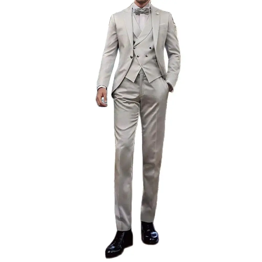 Elegant Gray Men Suits Slim Fit One Button Blazer Slim Fit 3 Piece Jacket Pants Vest Male Clothing High Quality Wedding Outfits