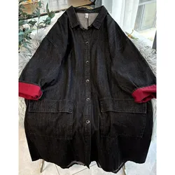 2024 Autumn Medium Length Denim Jacket Women Long Contrasting Denim Trench Coat Black Loose Design LX2191