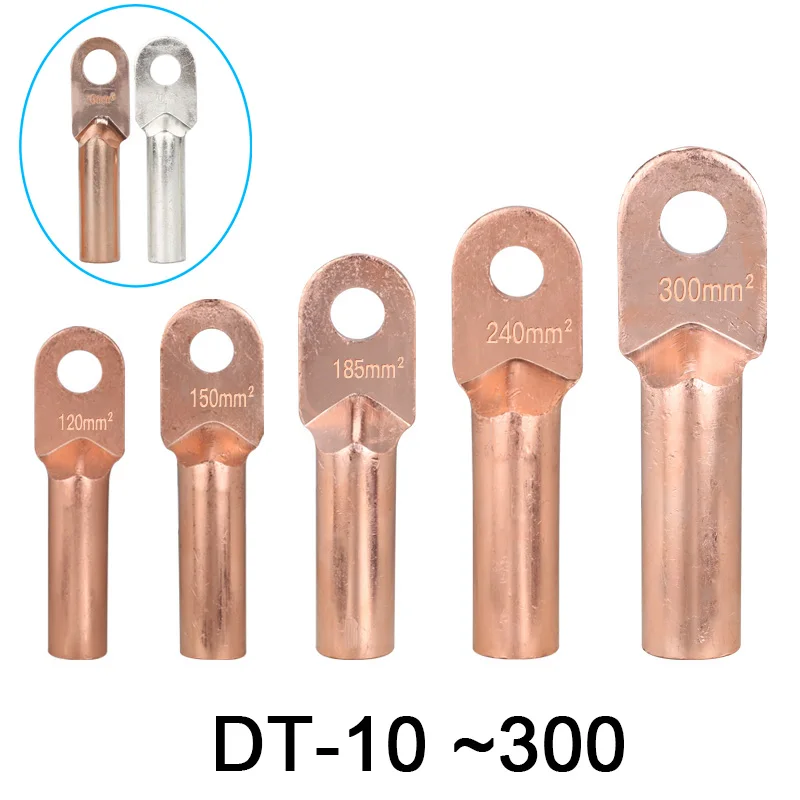 DT-10 16 25 35 50 70~300 Square Copper Terminal Blocks Wiring Connector Lug Electric Power Fittings Surface Pickling/Tin Plating